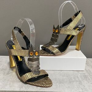 Rupert Sanderson Arletta Owl leather sling back heels/sandals in black and gold.